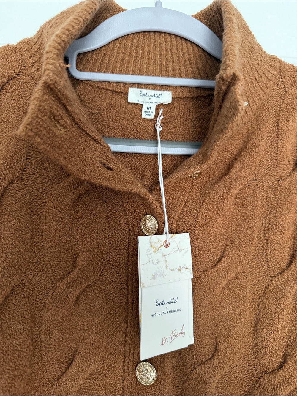 Splendid cable half placket sweater in caramel - Picture 3 of 12